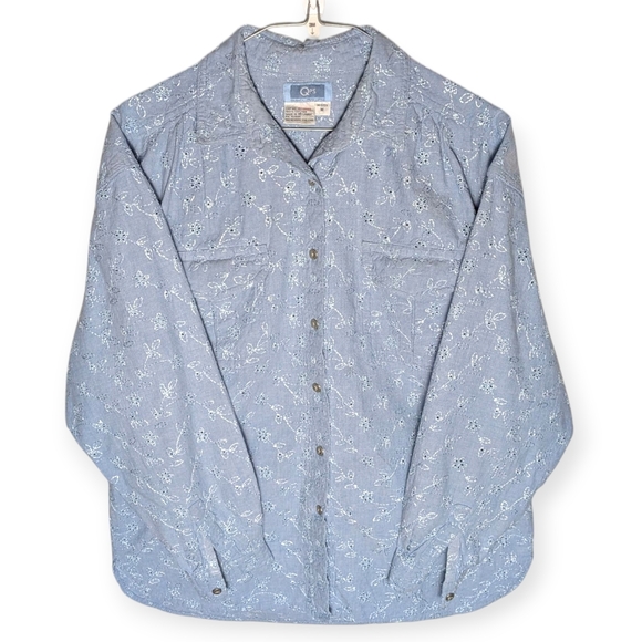 Vintage Chambray Embroidered Eyelet Floral Button-Up Shirt QPS Light Blue Size M - Picture 3 of 12
